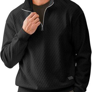 Men's Black Large Slim Fit Quarter Zip Sweatshirt with Geometric Waffle Pattern